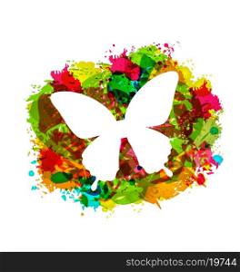 Illustration Simple White Butterfly on Colorful Grunge Damage Frame - Vector