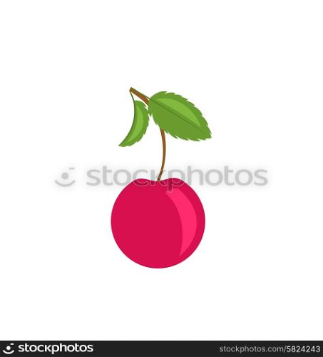Illustration Single Cherry with Green Leaves Isolated on White Background - Vector