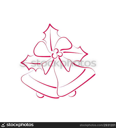 Illustration sketch composition two Christmas bells with holly berry and bow isolated - vector