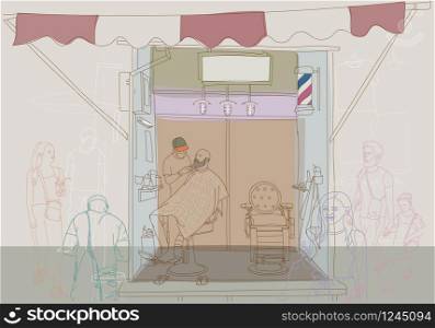Illustration sketch doodle hand drawn - hairdresser using cut on hair of male with black lines isolated on white background