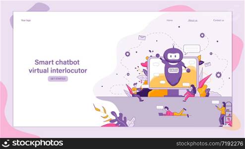 Illustration Smart Chatbot Virtual Interlocutor. Banner Vector Image Online Technical Support Company. Quick Answer to Your Question by Robot. Group People who Use Communicate with Service Department.