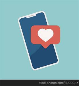 Illustration smartphone with heart emoji speech bubble get message on screen. Social network and mobile device concept.. Smartphone with heart emoji speech bubble get message on screen. Social network and mobile device concept.
