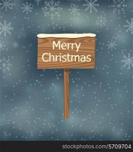 Illustration snow covered wooden sign, Merry Christmas background - vector