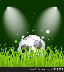 Illustration soccer ball on green grass with light - vector