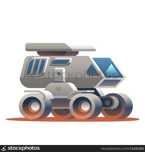 Illustration Space Rover Traveling Around Planet. Vector Image Transport for Movement Astronauts on Sandy Surface Red Planet. Exploration New World. Scientific Discovery. Isolated on White Background