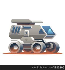 Illustration Space Rover Traveling Around Planet. Vector Image Transport for Movement Astronauts on Sandy Surface Red Planet. Exploration New World. Scientific Discovery. Isolated on White Background