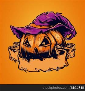 Illustration Spooky Pumpkin Face Halloween with ribbon