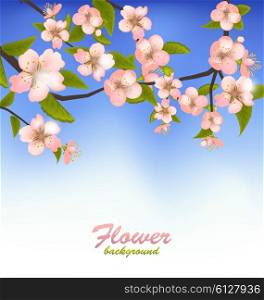 Illustration Spring Background of a Blossoming Tree Branch with Flowers - Vector