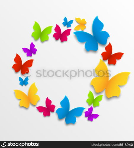 Illustration spring card with colorful butterflies, circle composition - vector