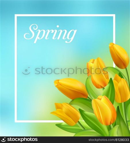 Illustration Spring Natural Frame with Yellow Tulips Flowers - Vector