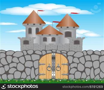 Illustration stone wall and old lock on background sky