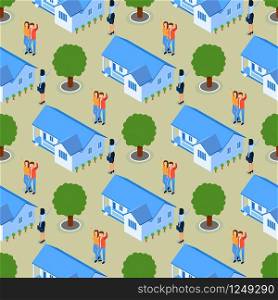 Illustration Successful Realtor and Real Estate Seamless Pattern. Man and Woman Meet Real Estate Agent. Cooperation with Realtor in Finding New Comfortable Housing in City, Isometric Pattern Vector.. Successful Realtor Real Estate Seamless Pattern.