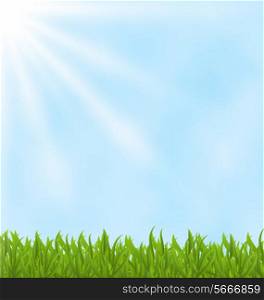 Illustration summer background with green field and sky - vector
