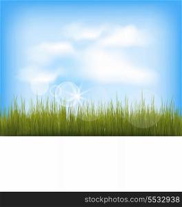 Illustration summer background with green grass, blue sky, clouds - vector