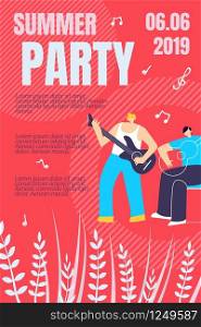 Illustration Summer Party Vector Banner. Promotion and Distribution Information about Upcoming Music Event. Style Musical Group Men Plays Live Music on Instruments. Cartoon Flat.. Illustration Summer Party Banner Vector Promotion.