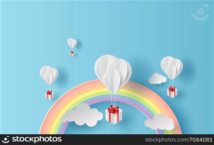 illustration summer season landscape with a rainbow on blue sky background. Balloons gift floating on air with paper art.Creative design Paper cut and craft style.pastel colorful tone simple.vector.