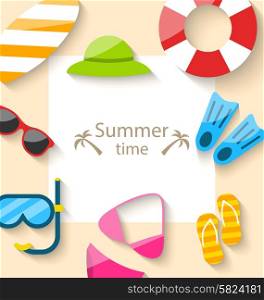 Illustration Summer Traveling Card with Beach Accessories - Vector