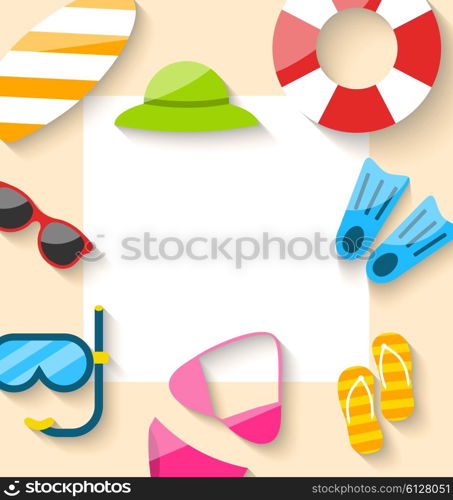 Illustration Summer Traveling Card with Beach Elements, Copy Space for Your Text - Vector