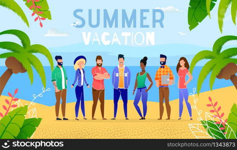 illustration summer vacation by ocean group people. banner vector man and woman went on summer vacation to an exotic country. friends stand on beach among palm trees. bearded guy in shirt with laptop