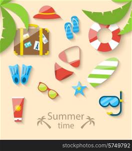 Illustration summer vacation time with flat set colorful simple icons - vector