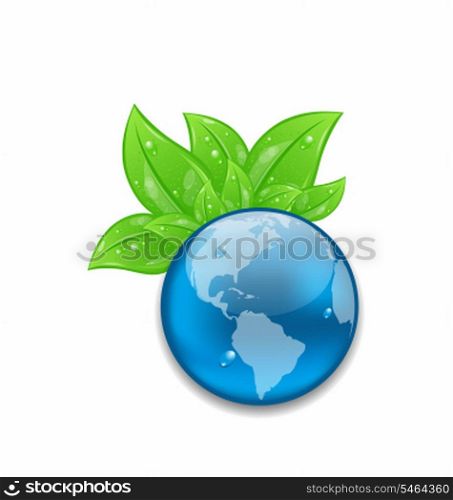 Illustration symbol of planet Earth with green leaves - vector