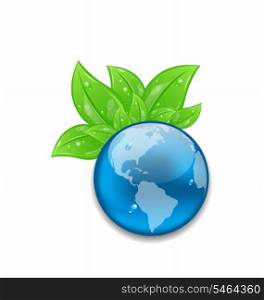 Illustration symbol of planet Earth with green leaves - vector