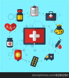 Illustration tablet pc with medical icons for web design, modern flat style - vector