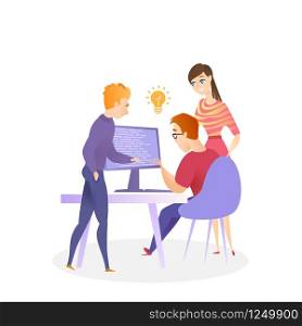 Illustration Team Work on Writing Programming Code. Vector Two Guy and Girl Working Together on Software. Glowing Light Lamp as Symbol New Idea to Solve Problem. Desktop Use. Isolated White Background