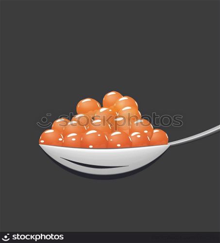 Illustration teaspoon with red caviar isolated on black background - vector