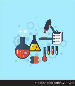 Illustration template for showing various tests being conducted in laboratory glassware using chemical solutions and reactions. Modern flat style - vector