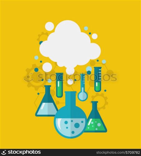 Illustration template of chemical experiment showing various tests being conducted in laboratory glassware using chemical solutions and reactions. Modern flat style - vector