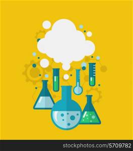 Illustration template of chemical experiment showing various tests being conducted in laboratory glassware using chemical solutions and reactions. Modern flat style - vector
