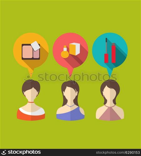 Illustration three woman with speech and thought bubbles, flat modern icons - vector