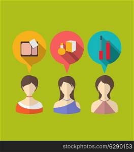 Illustration three woman with speech and thought bubbles, flat modern icons - vector