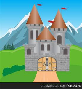 Illustration to medieval fortress in mountain by summer. Fortress in mountain