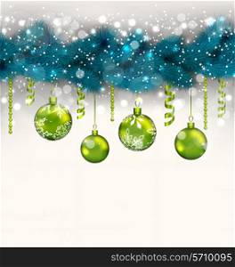 Illustration traditional decoration with fir branches and glass balls for Merry Christmas - vector&#xA;