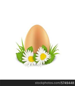 Illustration traditional Easter egg with flowers camomiles and grass, copy space for your text - vector