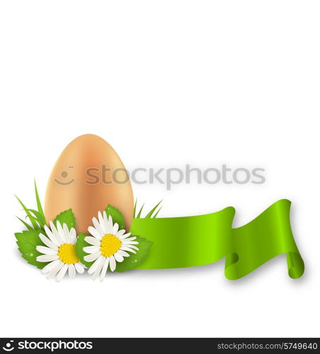 Illustration traditional Easter egg with flowers daisy, grass and ribbon, copy space for your text - vector