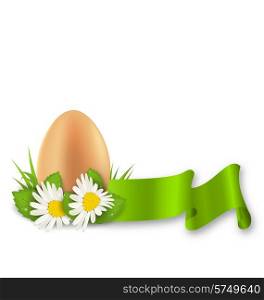 Illustration traditional Easter egg with flowers daisy, grass and ribbon, copy space for your text - vector