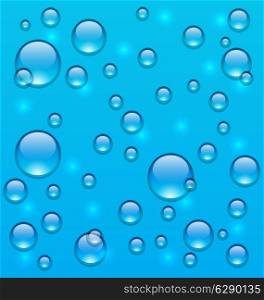 Illustration transparent water many drops on glass - vector