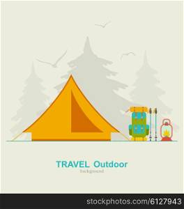 Illustration Travel Camping Background with Tourist Tent, Backpack, Lantern and Trekking Pole - Vector
