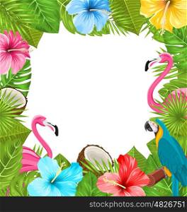 Illustration Tropical Frame Made in Beautiful Plants, Flowers, Exotic Parrot, Flamingos, Coconuts - Vector