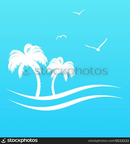 Illustration tropical paradise background with palm trees and sea - vector