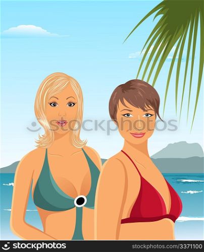 Illustration two girls on the beach - vector