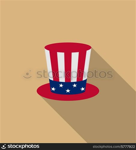 Illustration Uncle Sam&rsquo;s hat for american holidays, flat icon with long shadow, minimal style - vector
