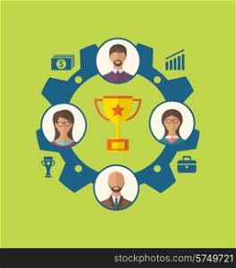 Illustration unity of business people leading to success and awarding - vector