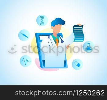 Illustration Using Tablet Consultation with Doctor. Vector Image Man White Medical Gown with Monitor Screen Tablet Holds Prescription for Treating Disease. Online Consultation, Medical Pediatrician