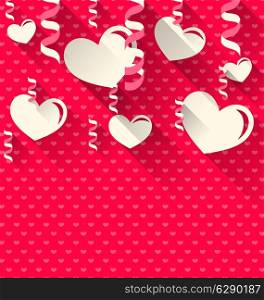 Illustration Valentines Day background with paper hearts and serpentine, trendy flat style - vector