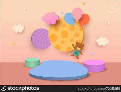 Illustration vector 3D style of baby background design with cute bear and balloons with geometric shapes.