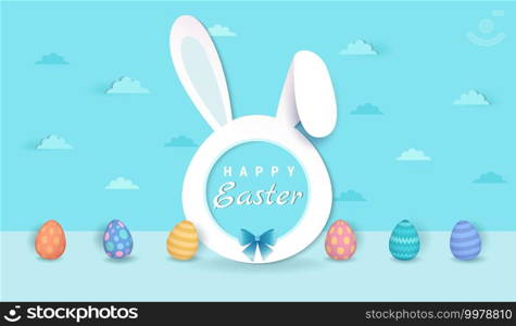 Illustration vector 3d style of Happy Easter holiday design with rabbit frame and colored eggs on blue background.